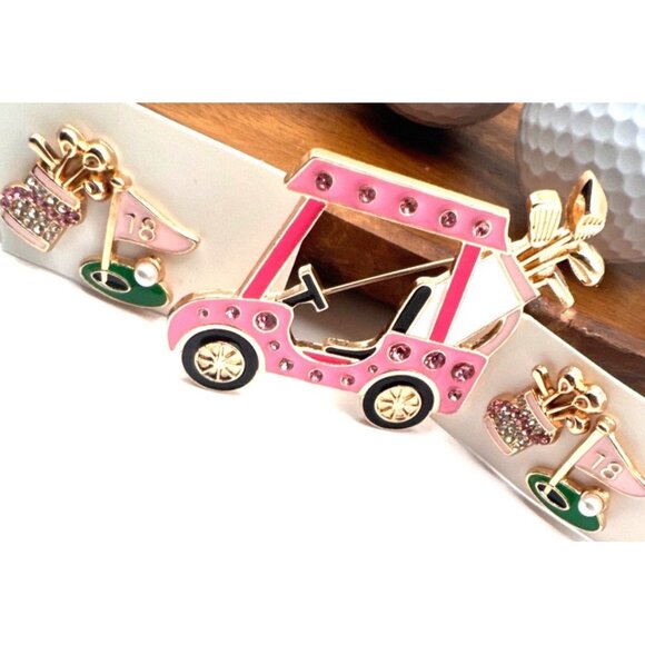 2/$30 Golf Cart Rhinestone Brooch 2 Pairs Golf Earrings Set Pink Gold Accents - Picture 4 of 8